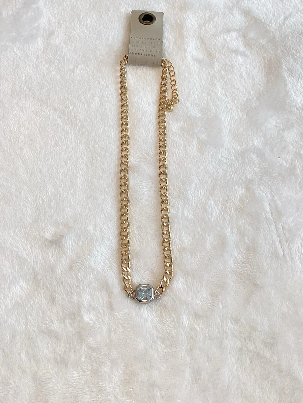 Anthropologie Gold Plated Chain Necklace Bezel Stone Two Tone Chunky New CZ 16”